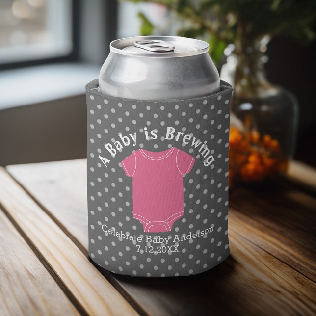 A Baby is Brewing - Couples Shower Favor Pink Girl Can Cooler (Baby Shower Favor - Personalized Can Cooler for a Couple's Shower - A Baby is Brewing)