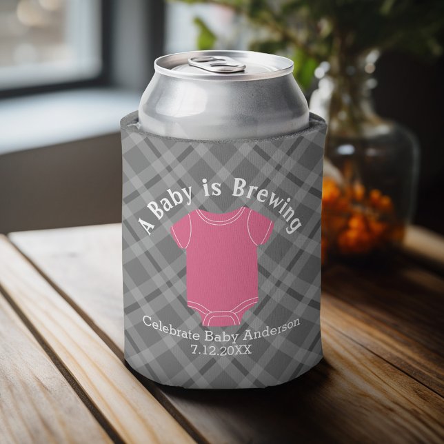 A Baby is Brewing - Couples Shower Favor Pink Girl Can Cooler (Baby Shower Favor - Personalized Can Cooler for a Couple's Shower - A Baby is Brewing)