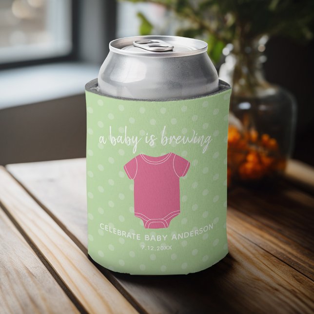 A Baby is Brewing - Couples Shower Favor Pink Girl Can Cooler (Baby Shower Favor - Personalized Can Cooler for a Couple's Shower - A Baby is Brewing)