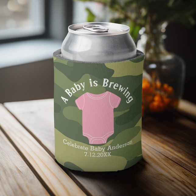 A Baby is Brewing - Couples Shower Favor Pink Girl Can Cooler (Baby Shower Favor - Personalized Can Cooler for a Couple's Shower - A Baby is Brewing)