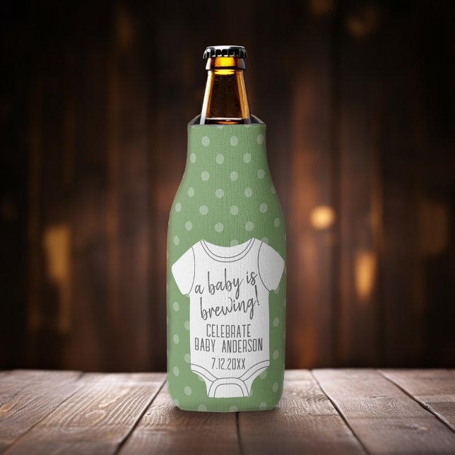 A Baby is Brewing -- Couples Shower - Green Bottle Cooler (A baby is Brewing! Add your baby information to this personalized bottle cooler.)