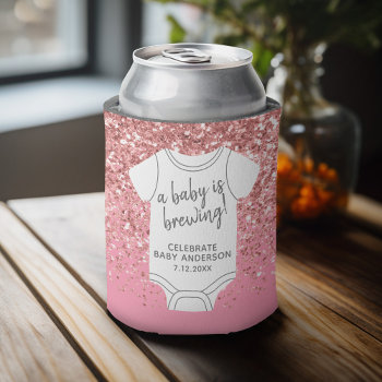 A Baby Is Brewing -- Couples Shower Pink Glitter Can Cooler by MarshBaby at Zazzle