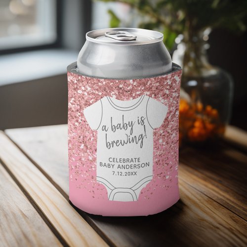 A Baby is Brewing __ Couples Shower Pink Glitter Can Cooler