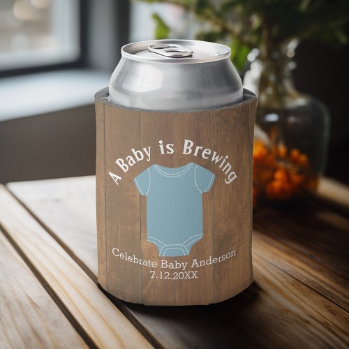 A Baby is Brewing _ Couples Shower Wood Blue Boy Can Cooler