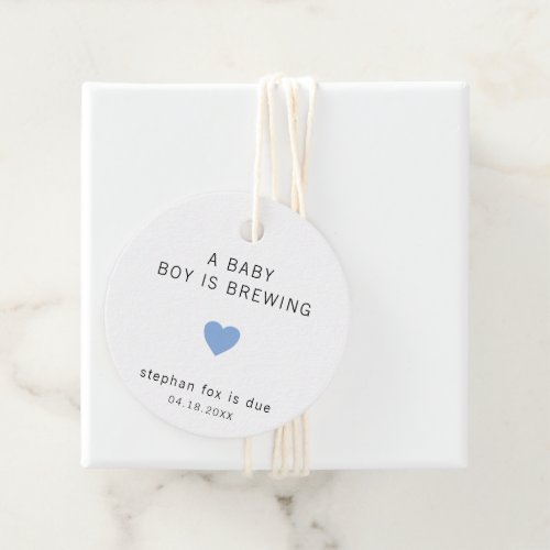 A Baby Is Brewing Cute Blue Heart Boy Baby Shower Favor Tags