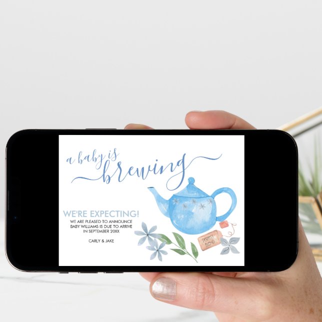 A Baby is Brewing | Cute Blue Teapot Pregnancy Announcement (Front Digital)
