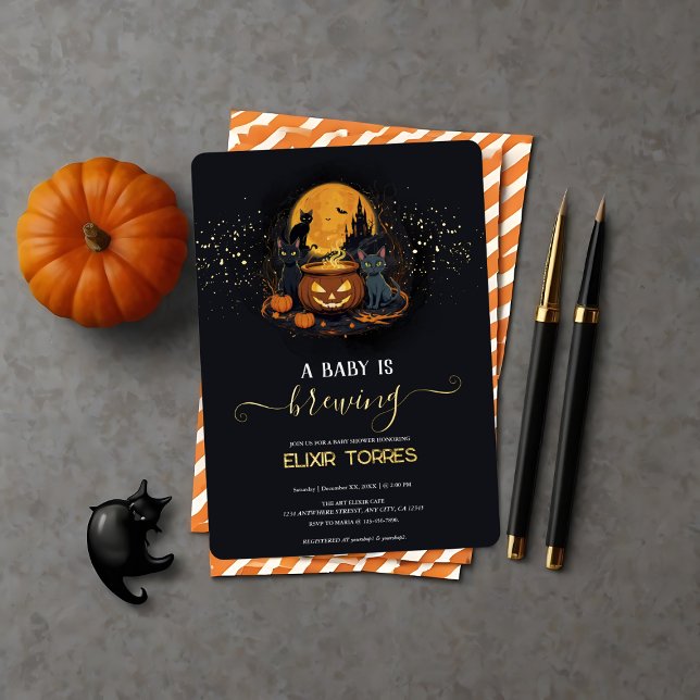 A Baby Is Brewing Cute Halloween Baby Shower Foil Foil Invitation (A Baby Is Brewing Cute Halloween Baby Shower Foil Invitation)