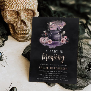 A Baby Is Brewing   Cute Halloween Baby Shower Foil Invitation
