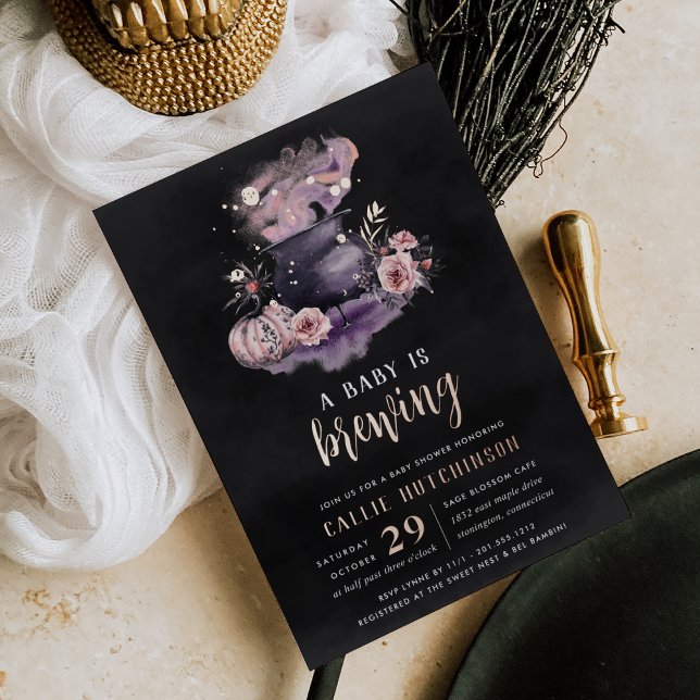 A Baby Is Brewing | Cute Halloween Baby Shower Foil Invitation (Creator Uploaded)