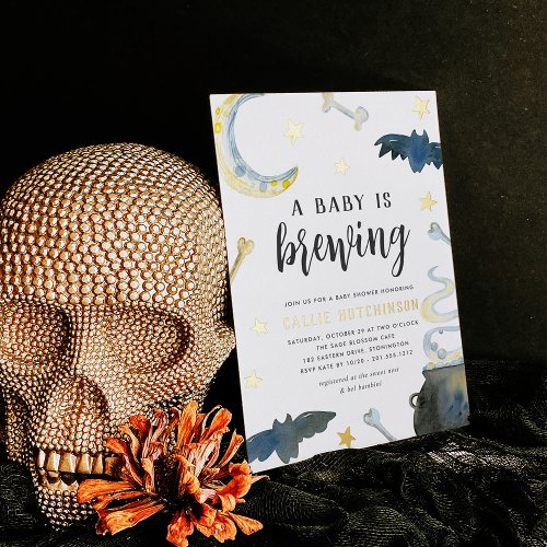 A Baby Is Brewing  Cute Halloween Baby Shower Foil Invitation