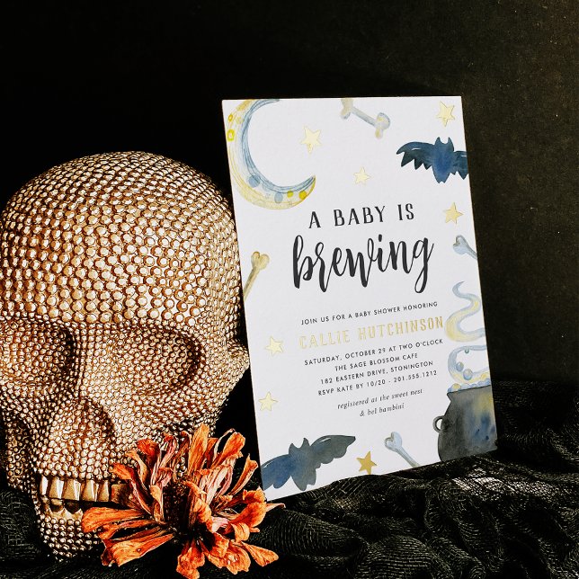 A Baby Is Brewing | Cute Halloween Baby Shower Foil Invitation (Creator Uploaded)