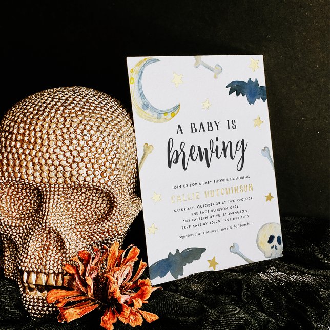A Baby Is Brewing | Cute Halloween Baby Shower Foil Invitation (Creator Uploaded)