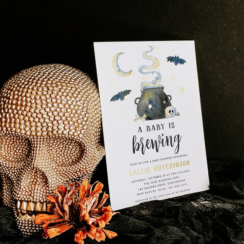 A Baby Is Brewing  Cute Halloween Baby Shower Foil Invitation