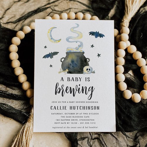 A Baby Is Brewing  Cute Halloween Baby Shower Invitation