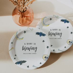 A Baby Is Brewing   Cute Halloween Baby Shower Pap Paper Plates