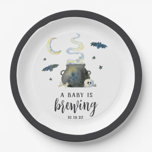 A Baby Is Brewing  Cute Halloween Baby Shower Paper Plates