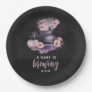 A Baby Is Brewing   Cute Halloween Baby Shower Paper Plates