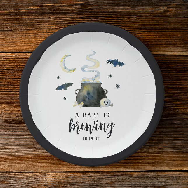 A Baby Is Brewing | Cute Halloween Baby Shower Paper Plates (Creator Uploaded)