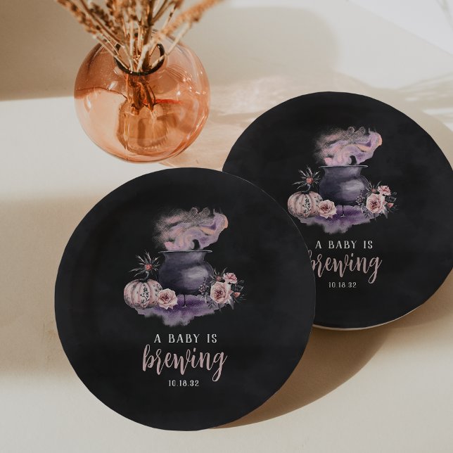 A Baby Is Brewing | Cute Halloween Baby Shower Paper Plates (Creator Uploaded)