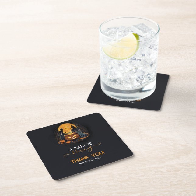 A Baby Is Brewing Cute Halloween Baby Shower Square Paper Coaster (Insitu)
