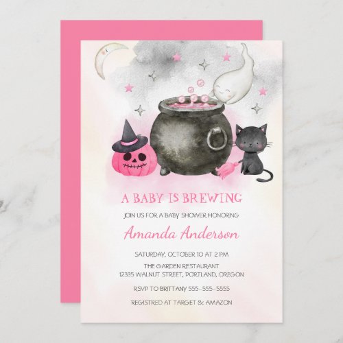 A Baby Is Brewing Cute Halloween Girl Baby Shower Invitation