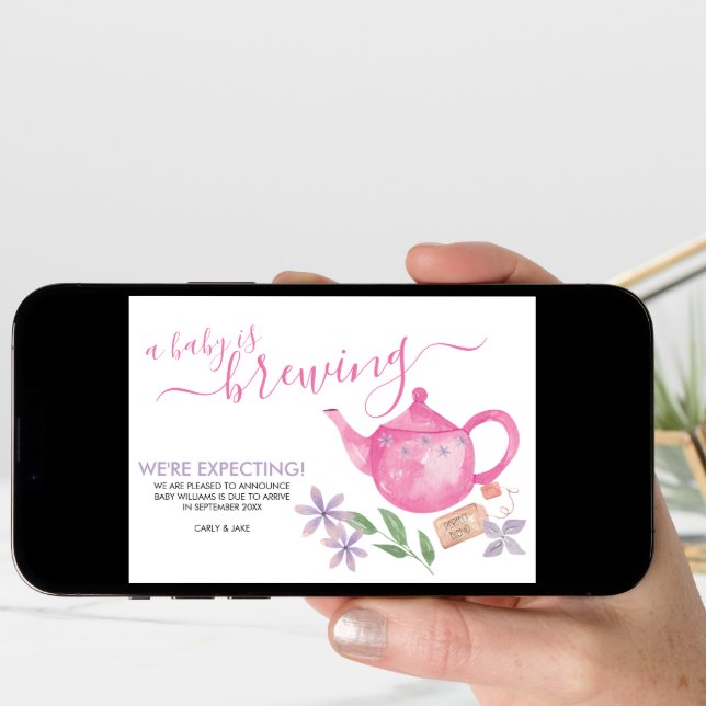 A Baby is Brewing | Cute Pink Teapot Pregnancy Announcement (Front Digital)