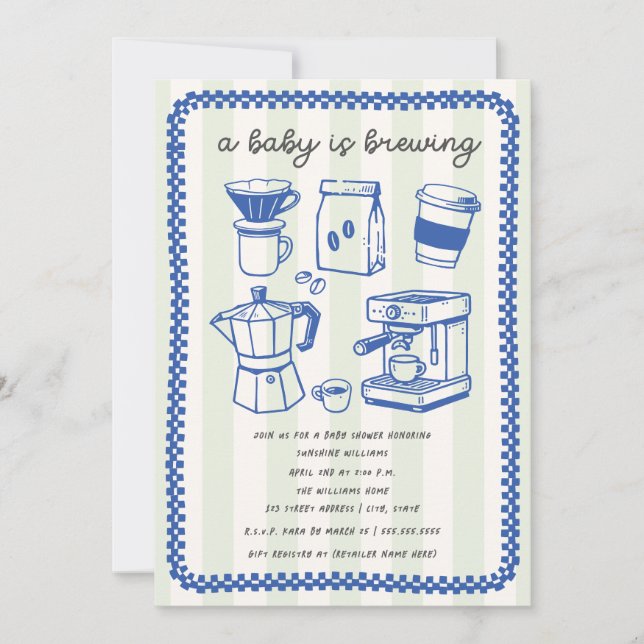 A Baby Is Brewing Doodle Boy Blue Baby Shower Invitation (Front)