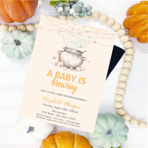 A Baby Is Brewing Dots Cute Halloween Baby Shower Invitation