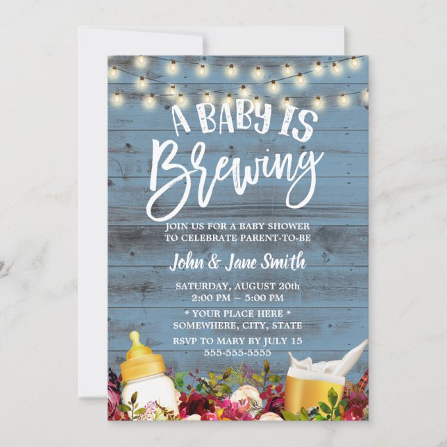 A Baby is Brewing Dusty Blue Beer Baby Shower Invitation (Front)