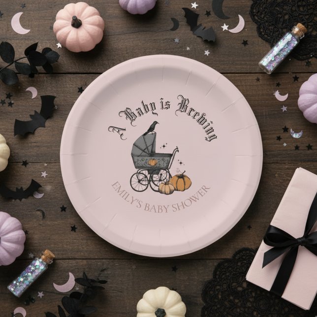 A Baby is Brewing Fall Baby Shower Blush Pink Paper Plates (Baby is Brewing Gothic Baby Shower. Victorian Baby Stroller, Black Raven Crow, Fall Pumpkins, Stars.)