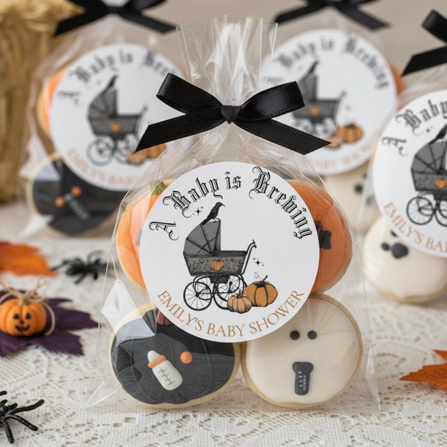 A Baby is Brewing Fall Baby Shower Favor Sticker (Cute Gothic A Baby is Brewing Halloween Baby Shower Favor Stickers. Baby Carriage, Pumpkins, Raven)