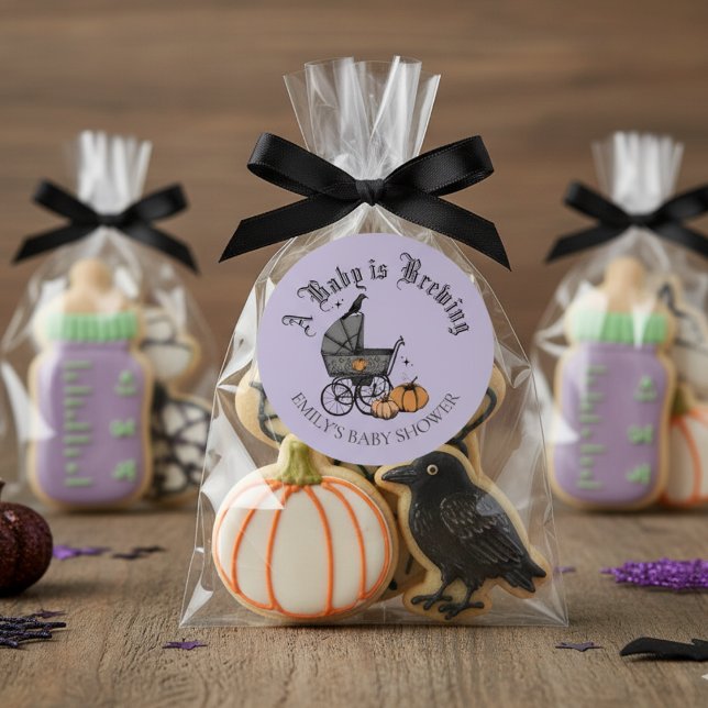 A Baby is Brewing Fall Baby Shower Favor Sticker (Cute Gothic A Baby is Brewing Halloween Baby Shower Favor Stickers. Baby Carriage, Pumpkins, Raven)