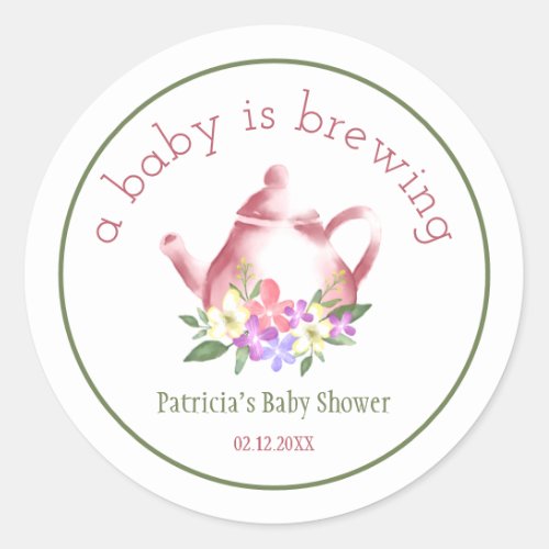 A Baby Is Brewing Floral Tea Party Baby Shower   Classic Round Sticker