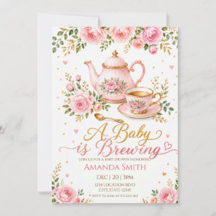 A Baby Is Brewing Floral Tea Party Baby Shower Invitation
