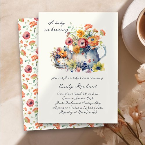 A Baby is Brewing Floral Teapot Baby Shower Invitation