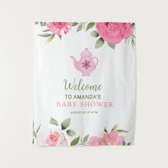 A Baby is Brewing Flower Rose Tea Baby Shower Tapestry (Front)
