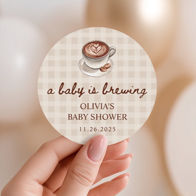 A Baby is Brewing Gingham Coffee Baby Shower Favor Classic Round Sticker (Creator Uploaded)