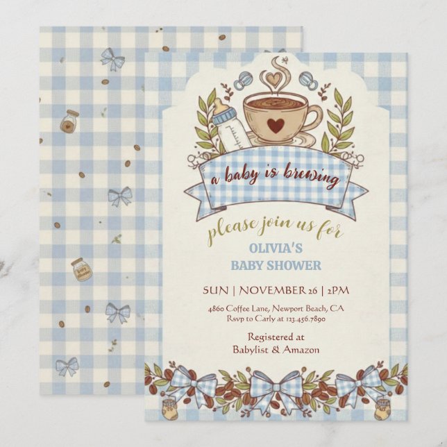 A Baby is Brewing Gingham Coffee Baby Shower Invitation (Front/Back)