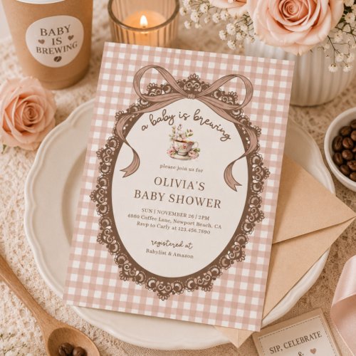 A Baby is Brewing Gingham Coffee Baby Shower Invitation