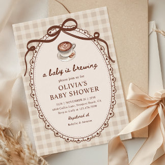 A Baby is Brewing Gingham Coffee Baby Shower Invitation