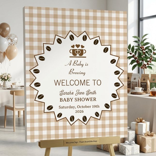 A Baby is Brewing Gingham Coffee Neutral Gender Foam Board (Creator Uploaded)