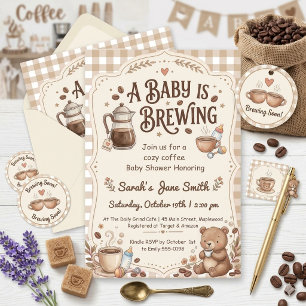 A Baby is Brewing Gingham Coffee Neutral Gender Invitation