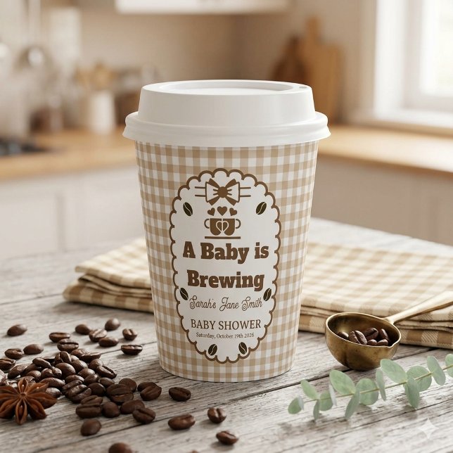 A Baby is Brewing Gingham Coffee Neutral Gender Paper Cups (Creator Uploaded)