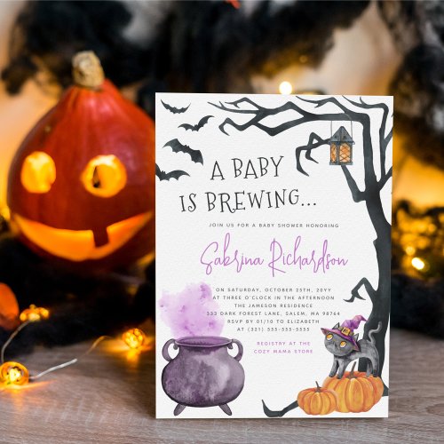 A Baby Is Brewing Girl Halloween Baby Shower Invitation