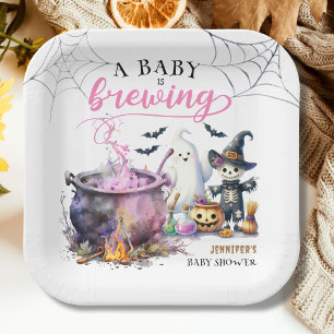 A Baby is Brewing Girl Pink Halloween Baby Shower Paper Plates