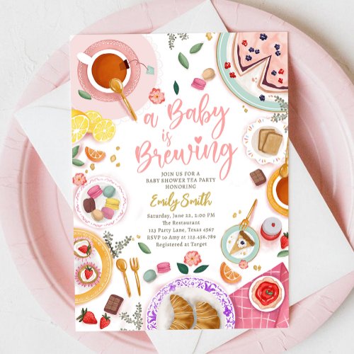 A Baby is Brewing Girl Pink Tea Party Baby Shower Invitation