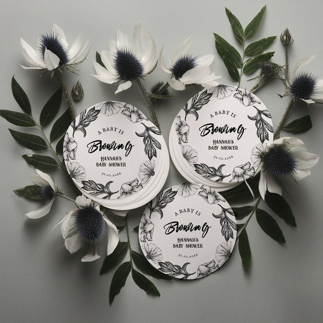 A baby is brewing Gothic Flowers tatt Baby Shower Round Paper Coaster (Creator Uploaded)