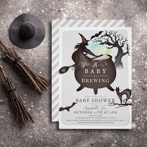 A Baby is Brewing Gray Halloween Baby Shower Invitation