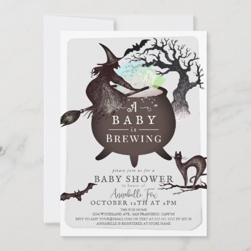 A Baby is Brewing Gray Halloween Baby Shower Invitation