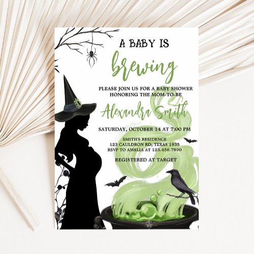 A Baby is Brewing Green Halloween Baby Shower  Invitation